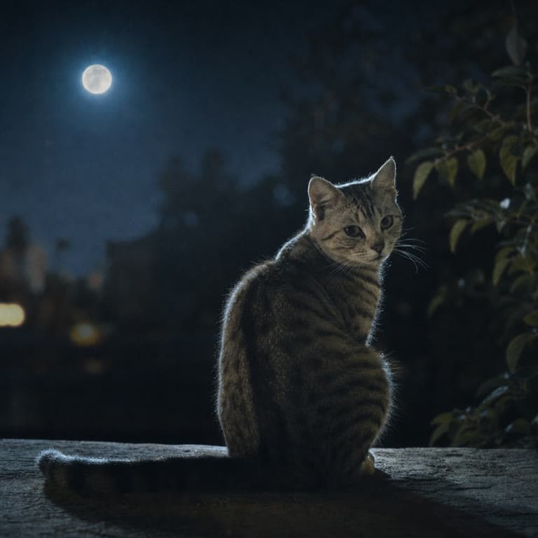月光下坐在窗台上的虎斑猫,写实胶片摄影风格 AI 生成图片