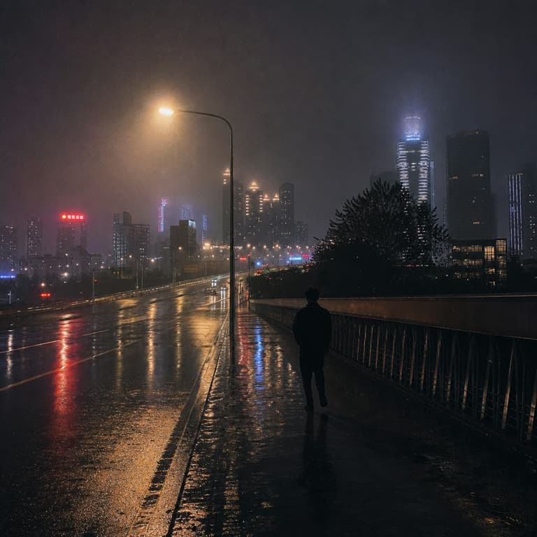 雨夜城市天桥上行走的人影,写实摄影质感 AI 生成图片